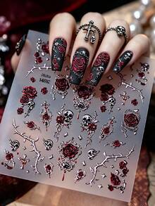 Red Rose Skull & Thorns 5D Embossed Nail Stickers, Dark Gothic Blood Red Rose & Cross Subculture Cool Spicy Long Wearable Nail Decor - Multicolor - View 2