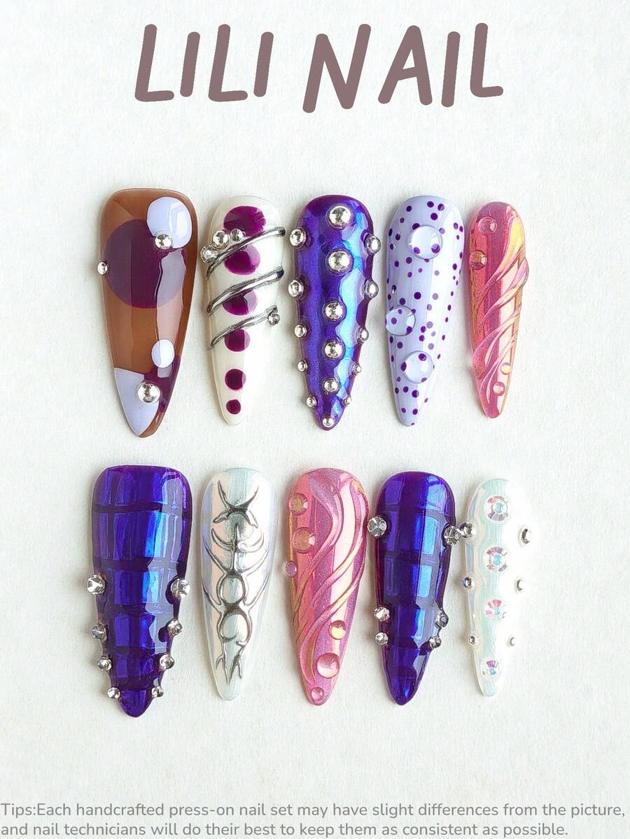 10pcs Handmade Press On Nails Stiletto Nails,Purple Nails, Abstract Design, Polka Dot, Checkerboard Pattern, Holographic Finish, Rhinestone Nails, Color Block, Hand Painted,3D, Daily Party Wear Reusable Nail Set With Nail Tools