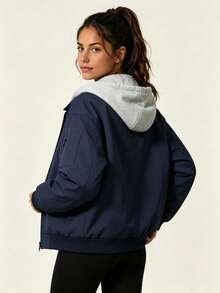 AHTELB Women's Spring/Autumn 2 In 1 Hooded Casual Jacket, Grey Sweatshirt Hood Design, Arm Zipper Cargo Pockets, Snap Button Side Pockets, Ribbed Elastic Cuffs And Hem, Fashionable Casual Versatile Sports Jacket, Suitable For Daily Commute, Outdoor Hiking, Running And Leisure Wear, Gift For Wife, Girlfriend, Friend And Mother, Ladies Jackets, Gym Jacket, Zip Up Gym Jacket - Royal Blue - View 2