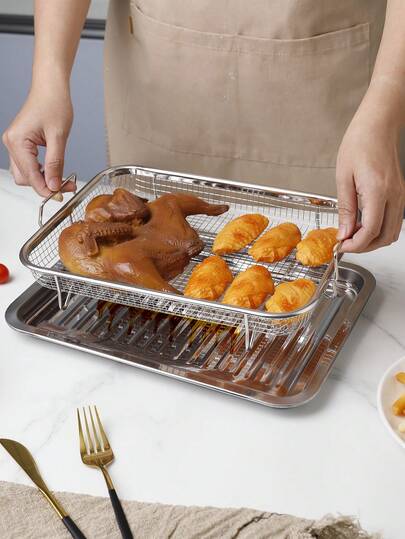 1 buah/2 buah Loyang Panggang Stainless Steel Berbentuk Gelombang 13 Inci + Rak Panggang Persegi dengan Pegangan Ganda, Aksesori Oven Penggorengan Udara untuk Kentang Goreng dan Ayam, Baki Pengering Makanan Rumahan, Rak Saringan Penggorengan