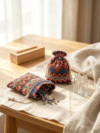 10pcs Linen Drawstring Pouches, Small Fabric Scent Bags, Colorful Geometric Traditional Print, Soft Rope Closure, Durable Foldable Gift Bags, Suitable For Home, Office, Wedding, Party, Jewelry, Handmade, Market Stall And Travel Storage