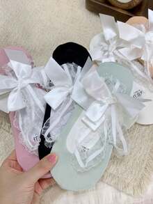 1/5 Pairs Sweet Ballerina Style Lace Trim Bow Tie Silk Blend Boat Socks, Spring/Summer New Arrival - Multicolor - View 11