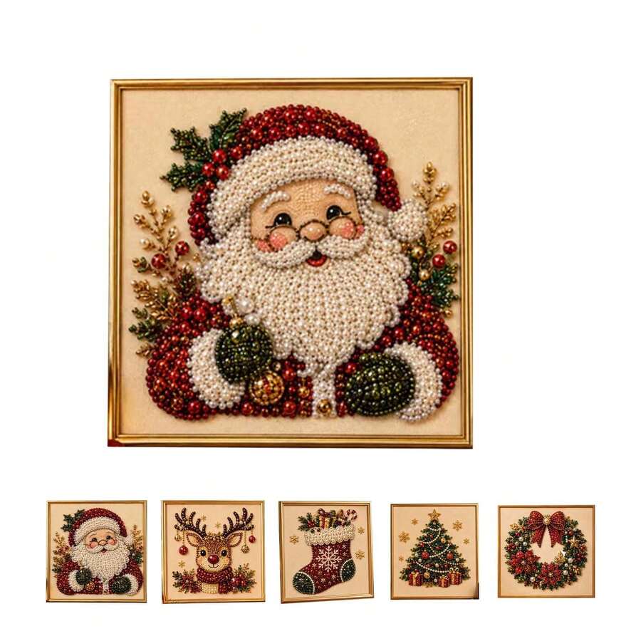1 Set DIY Christmas Pearl Diamond Painting Art Kit With Frame, Christmas Pearl Beads Handmade Craft, Suitable For Adults And Beginners, Gemstone Diamond Dot Painting, Home Wall Decor - A - View 1