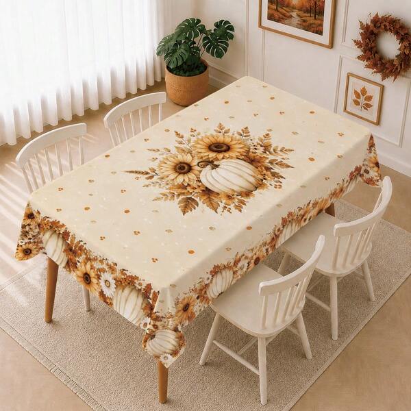 1pc Autumn Pumpkin & Sunflower Pattern Tablecloth, Stain-Resistant Dining Table Decor Cloth, Suitable For Kitchen, Dining Table, Coffee Table, TV Stand, Entryway, Party & Holiday Decoration, Home Decor, Autumn Gathering