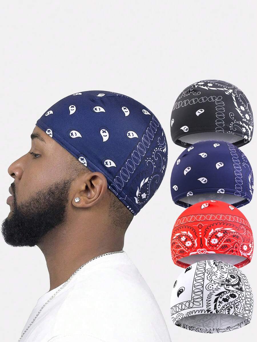 4pcs Men's Elastic Beanie Caps, Cashew Flower Pattern, Hair Protection & Hair Loss Prevention, Suitable For Daily Use