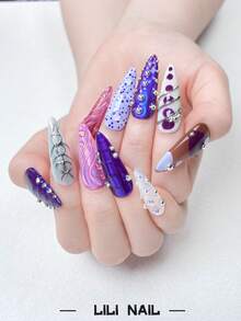 10pcs Handmade Press On Nails Stiletto Nails,Purple Nails, Abstract Design, Polka Dot, Checkerboard Pattern, Holographic Finish, Rhinestone Nails, Color Block, Hand Painted,3D, Daily Party Wear Reusable Nail Set With Nail Tools - Multicolor - View 4