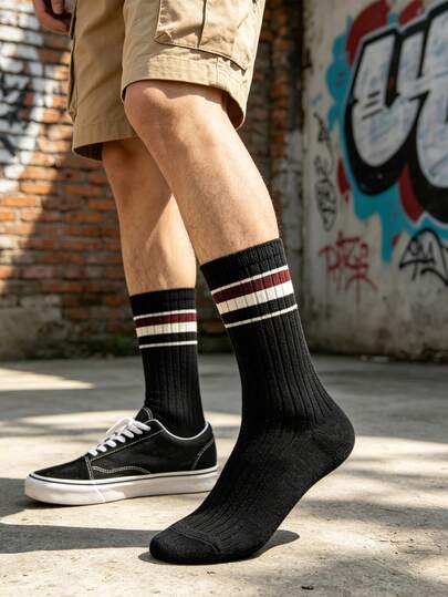 1 Pair Men's American Vintage Striped Mid-Calf Socks, Street Style Long Socks, Personalized Slouch Socks, Versatile Everyday Wear Socks