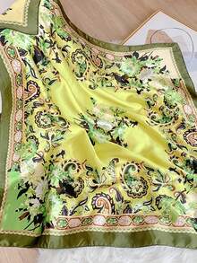 Vintage Pastoral Yellow Floral Paisley Print Satin Square Scarf, Smooth Shiny Faux Silk Fabric, Can Be Used As Beach Headwrap, Suit Necktie, Handbag Strap, Travel Sun Protection Scarf, Seaside Vacation Commute Women's Atmospheric Outfit Accessory, Back To School Season - Multicolor - View 5