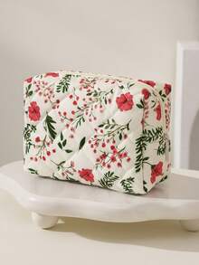 Quilted Octagonal Cosmetic Bag, Casual Handbag With Cute Floral Pattern Zipper Closure, Can Be Used As Skincare Bag, Toiletry Bag Or Travel Organizer; Warm Down Texture, Fashionable And Practical, Suitable For Back To School Season And Various Travel Occasions - Multicolor - View 10