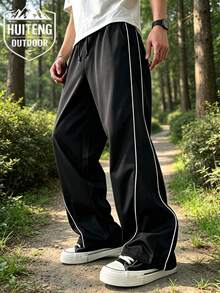 Men's Contrast Color Drawstring Waist Casual Daily Travel Long Pants - Black - View 1