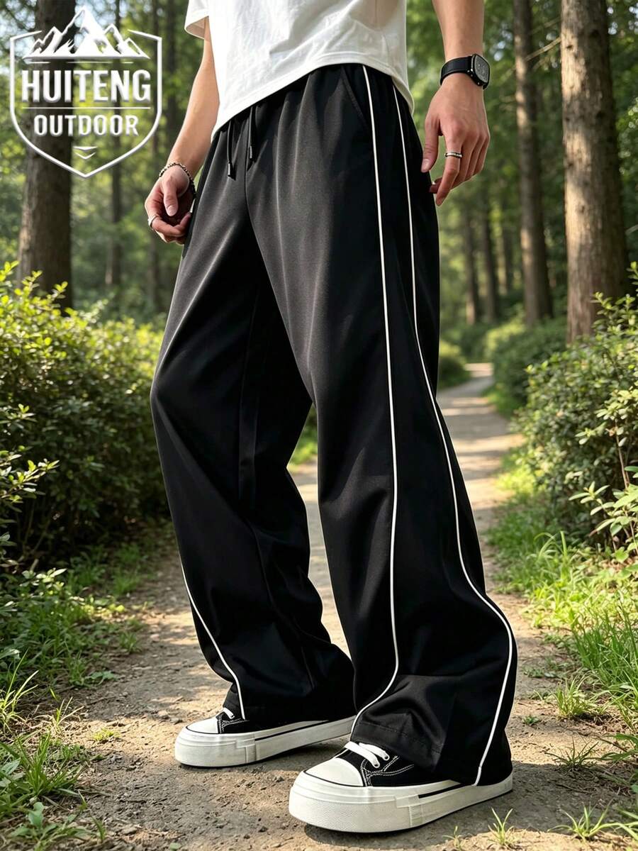 Men's Contrast Color Drawstring Waist Casual Daily Travel Long Pants - Black - View 1