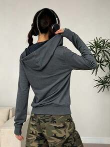 Happy Girl Casual Chic Numeric Print Fitted Drawstring Sweatshirt Crop Top, Serbaguna Untuk Musim Semi/Panas, Gaya Jalanan, Perjalanan, dan Pakaian Sehari-hari - Dark Grey - View 6