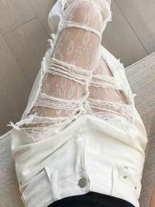 Jeans casuales de mujer de cintura baja, blancos, holgados, con patchwork de encaje y efecto desgastado, para otoño - Blanco - Ver 2