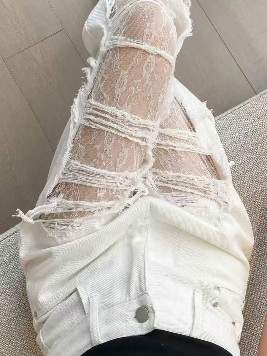 Women's Low Waist White Loose Lace Patchwork Distressed Casual Jeans Fall - White - View 1