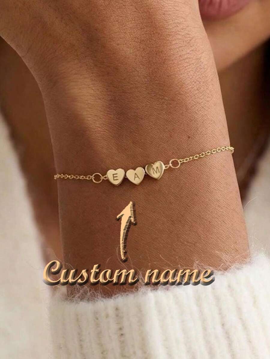 Heart Initial Bracelet, Silver Heart Pendant Bracelet, Minimalist 3D Heart Bracelet, Customized Initial Bracelet, Engraved Letter Bracelet Gift For Mom - Multicolor - View 1