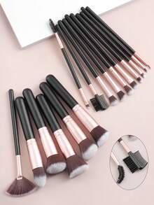 ronshadow 16pcs Black & Gold Makeup Brush Set, Powder Brush, Blush, Contour, Fan Brush, Highlighter, Eyeshadow, Concealer, Brow Brush, Daily Commute, Date, Short Trip, Beginner Full Makeup Tool Set - Black - View 1