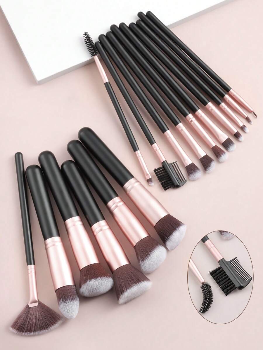 ronshadow 16pcs Black & Gold Makeup Brush Set, Powder Brush, Blush, Contour, Fan Brush, Highlighter, Eyeshadow, Concealer, Brow Brush, Daily Commute, Date, Short Trip, Beginner Full Makeup Tool Set - Black - View 1