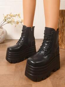 Women's Lace-Up Side Zipper Solid Color Ankle Boots, Winter New Punk Style Thick Sole Fashion Black Ankle Boots - Black - View 2