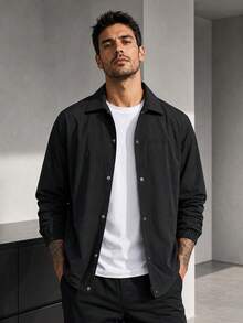 1pc Men's Black Lapel Jacket, Smooth Woven Fabric, Dirt-Resistant And Wrinkle-Resistant, Loose Drop Shoulder Fit, Solid Color Minimalist Casual Style, Suitable For Campus, Commute, Street, Couple Daily Wear - Black - View 11