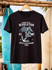 US Graphic T-Shirt 100% Cotton 180 G/M² Crew Neck Breathable Regular Fit Summer - 黑色 - 查看 2