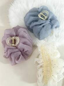 Juego de 3 pinzas para el cabello con flores de tul con brillo, pinzas florales de tela color macaron, accesorios para el cabello románticos para mujeres - Multicolor - Ver 3