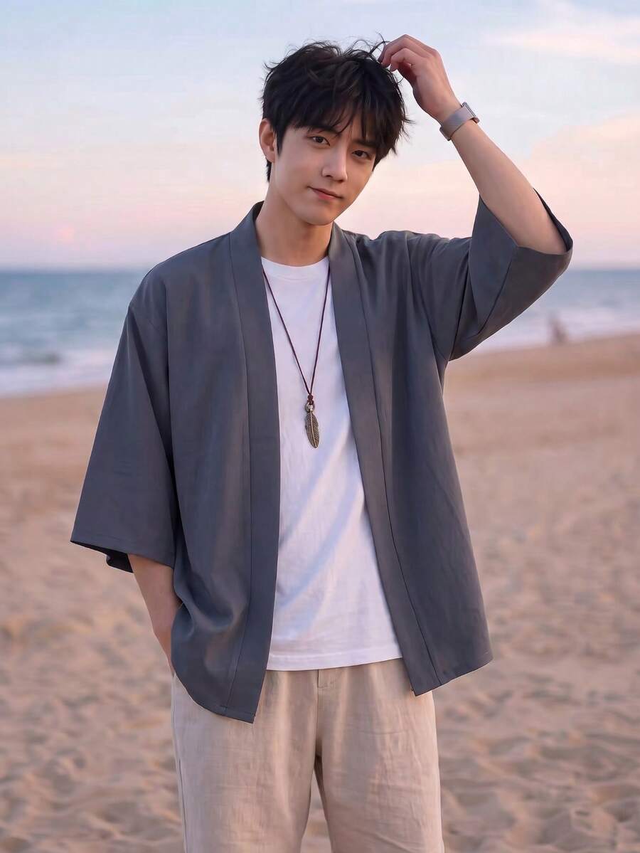 男士和服風寬鬆休閒開襟和服襯衫，100%聚酯纖維，輕盈透氣飄逸面料，純色百搭單層，休閒美學風格
