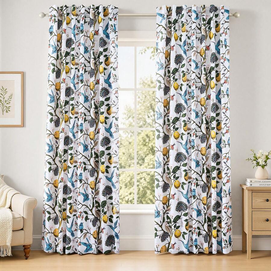 Topfinel 2 Panels Floral Curtains Blackout Elegant Vintage Farmhouse Country Hummingbird Patterned Curtains For Dining Living Room Bedroom - 白色 - 查看 1