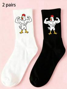 1/2/3 Pairs Fitness Muscle Rooster Cartoon Pattern Mid-Calf Socks, Funny Quirky Style, Men's Sports Mid-Calf Socks, Versatile Couple Socks, Suitable For All Seasons - Black and White - View 11