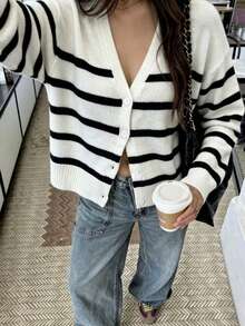 Autumn/Winter New Button-Up Striped Cardigan For Women, Fashionable High-End Minimalist Casual Versatile Loose Fit Elegant Long Sleeve V-Neck Sweater - White - View 3
