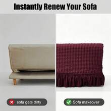 1Pc Stretch Sofa Bed Cover With Ruffled Skirt, Elastic One-Piece Slipcover, Soft Polyester-Spandex Fabric, Machine Washable Furniture Protector For Living Room&Guest Bed - Burgundy - View 7