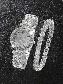 This 2-Piece Set Elegant Rhinestone Watch Is A Fashionable, Minimalist, And Luxurious Full Rhinestone Women's Quartz Watch, Paired With A Heart-Shaped Diamond Bracelet Set, Suitable For Holidays, Parties, Weddings, Gatherings And Daily Wear, Making It The Perfect Gift For Women. - Silver - View 1
