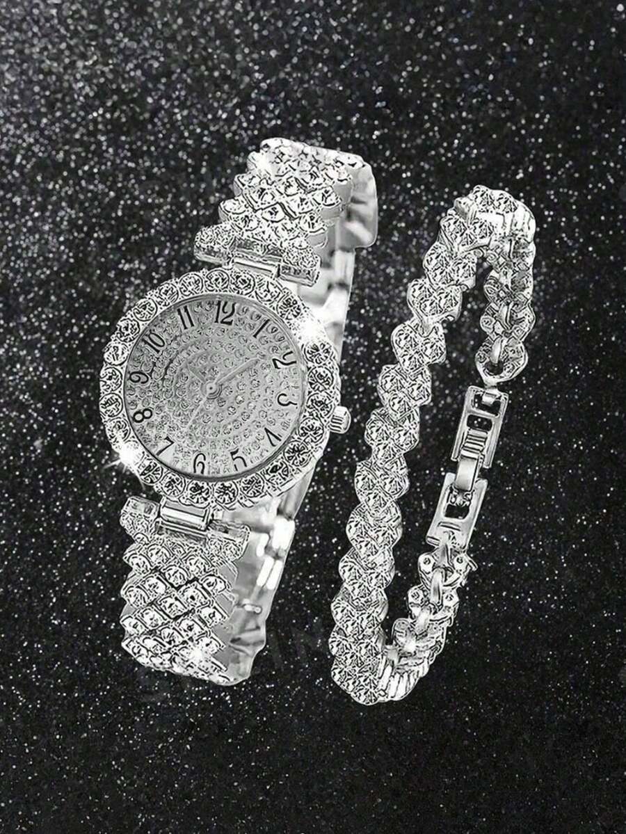 This 2-Piece Set Elegant Rhinestone Watch Is A Fashionable, Minimalist, And Luxurious Full Rhinestone Women's Quartz Watch, Paired With A Heart-Shaped Diamond Bracelet Set, Suitable For Holidays, Parties, Weddings, Gatherings And Daily Wear, Making It The Perfect Gift For Women. - Silver - View 1