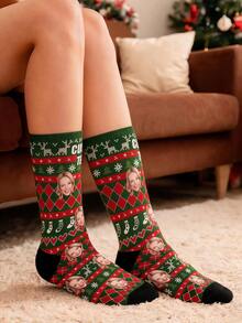 Custom Blonde Female Face Nordic Knit Pattern Polyester Crew Socks With Christmas Reindeer Heart Snowflake Print & Custom Text Cuff - Multicolor - View 2
