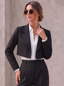 Women's Elegant Black Short Blazer, Long Sleeve Design; Fashionable Woven Fabric Blazer For Autumn - Black - View 4