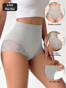 MEIYATING 6pcs Plus Size High Waist Tummy Control Butt Lifting Seamless Lace Pattern Triangle Panties For Women - Multicolor - View 5