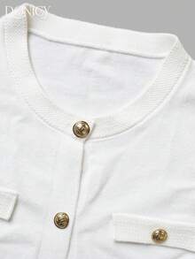 DONICY Women's White Crew Neck Gold Button Tweed-Style Short Sleeve Knit Sweater Cardigan, Elegant Outfit For Spring Summer Casual Tops - White - View 4