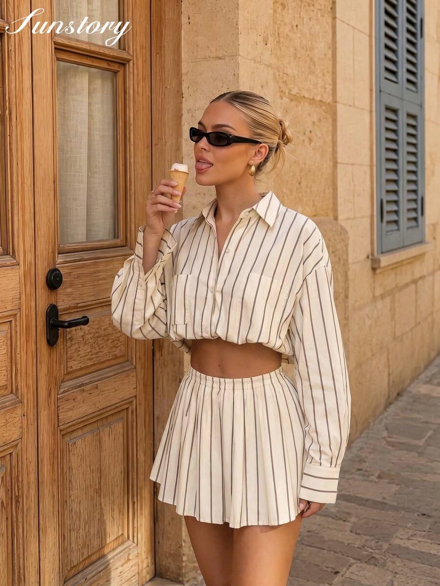 Roviva Women's Autumn/Spring/Summer New Bohemian Vintage Striped 2 Pieces Set, Button-Down Striped Shirt + Striped Mini Skirt, Suitable For Beach, Party, Outdoor Street Photography, Daily Wear, Dating, Back To School, Teacher's Day, Commuting, Office, Casual Vacation, Music Festival