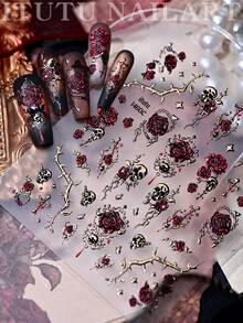 Red Rose Skull & Thorns 5D Embossed Nail Stickers, Dark Gothic Blood Red Rose & Cross Subculture Cool Spicy Long Wearable Nail Decor - Multicolor - View 7