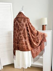 1pc Women's Velvet Jacquard Fringed Scarf, Women's Muslim Headscarf, Soft And Lightweight Shawl, Elegant Headscarf For Daily Travel, Fashionable Shawl - Multicolor - View 11