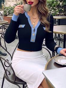 DONICY Women's Black Light Blue Contrast Trim Tweed Style Ribbed Knit Crop Top, Slim Long Sleeve Sweater For Spring Fall Daily Wear - Black - View 7