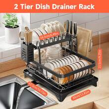 2 Layer Dish Drying Rack Kitchen Sink Drainer With Drainboard,Cup Holder,Plate Rack,Spoon Holder,Bowl Rack,Chopping Board Rack,2PCS Sponge Brush - Black - View 3
