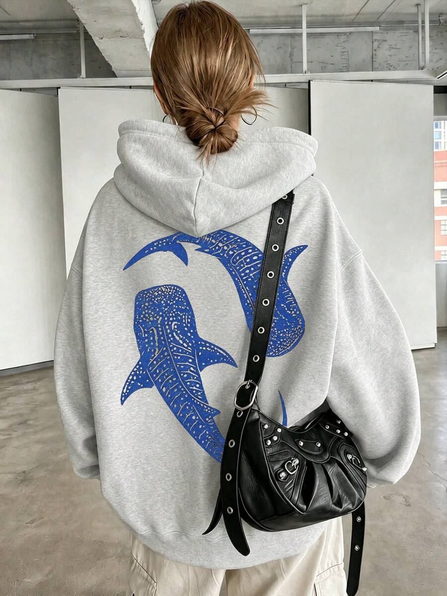 Whale Pattern Printed Sweatshirt, Plus Size Women's Casual Autumn/Winter Long Sleeve Pocket Hooded Sweatshirt Summer - Light Grey - View 1