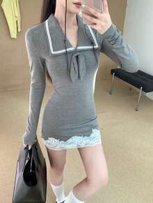 New Women's Spring/Autumn Sexy Style Turn-Down Collar Bow Hem Contrast Lace Fitted Bodycon Long Sleeve Knit Dress - Grey - View 8
