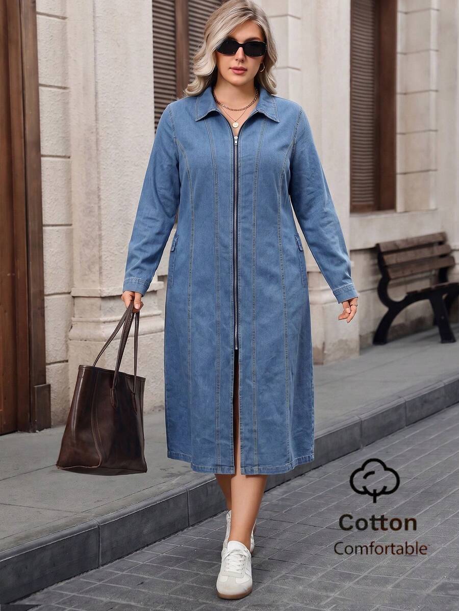 Traceable Cotton Women's Plus Size Long Light Blue Zipper Elegant Denim Dress Casual - Light Wash - View 1