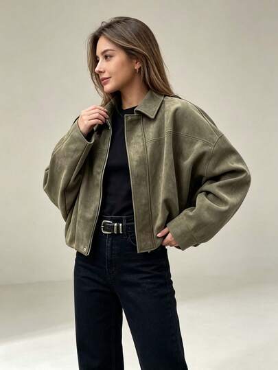 Jaqueta Bomber Feminina Retrô, Manga Longa Solta com Zíper ,Casaco Leve para Primavera e Outono ,Moda Feminina que Valoriza Estilo e Conforto