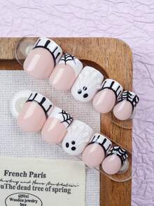 24PCS Short Square Fake Nails Halloween Series Black And White French Spider Web Ghost Drops Nail Alloy Acrylic Pressure On Nails Gel Nail Nail Supplies Nail Set (Attached: 1pc Jelly Glue & 1pc Nail File) Suitable For Women's Daily Dating - Black and White - View 3