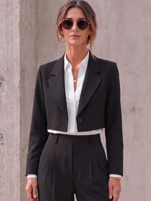 Women's Elegant Black Short Blazer, Long Sleeve Design; Fashionable Woven Fabric Blazer For Autumn - Black - View 9