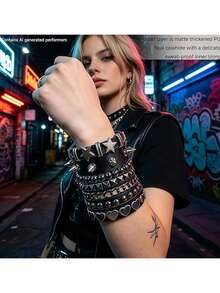 Xiacheng Punk Rock Leather Bracelet Set, Stackable Black Cuffs, Hearts, Stars And Chains, Gothic Emo Jewelry For Men Women, Perfect For Halloween & Concerts - Multicolor - View 6