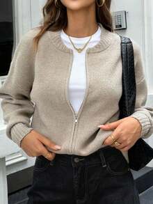 Plus Size Spring/Autumn New Solid Color Round Neck Zip-Up Knit Cardigan For Women, Loose Slouchy Korean Style Elegant Casual Top, Summer Top Fall - Apricot - View 2