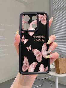 1 buah Casing Ponsel Fashion Android Bahan TPU Murni Motif Kupu-kupu Merah Muda dengan Elemen Huruf dan Pola Tebal, Anti Jatuh, Anti Sidik Jari, Motif Pasir Berlian Hitam, Kompatibel dengan /Transsion/HONOR/ - Hitam - View 1
